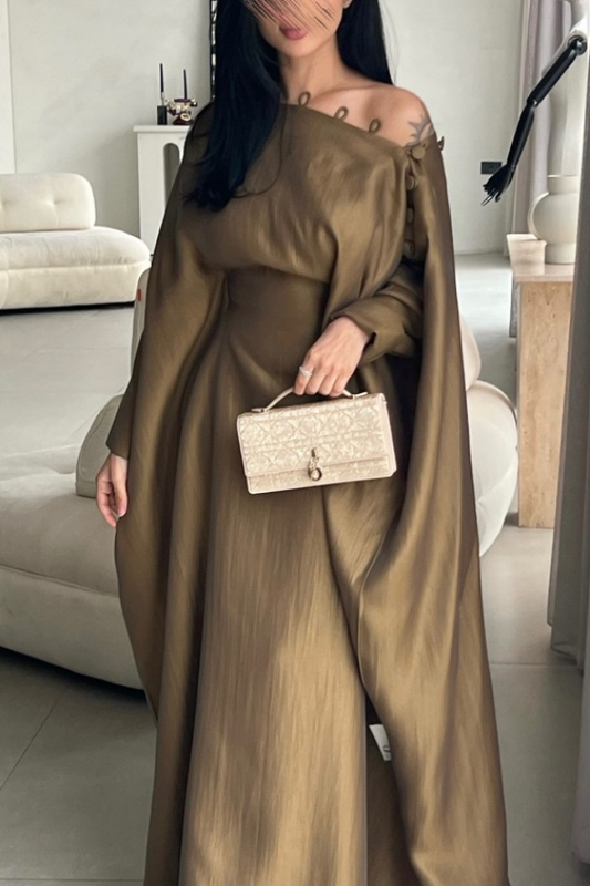Solid Color Button-down Collar Elegant Kaftan Robe Maxi Dress