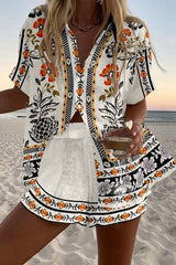 Ethnic Floral Print Loose Button Elastic Waist Shorts Set