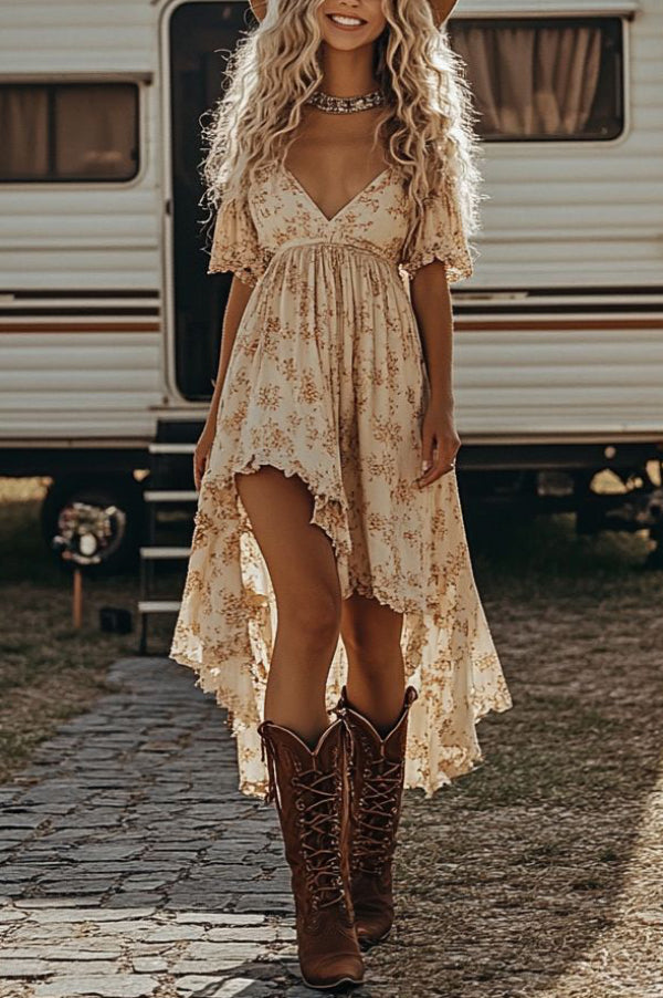 Floral Print V-neck Short-sleeved Fitted Waist Asymmetrical Midi Dress