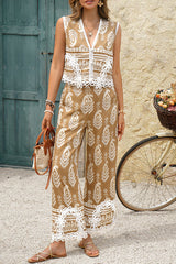 Bohemian Style Unique Print V-neck Sleeveless Top and Elastic Waist Casual Pocket Wide-leg Pants Set