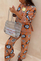 Mediterranean Art Knit Unique Sun Vortex Print Long Sleeve Relaxed Sweater