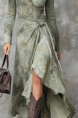 Fashionable Tie Dye Long-sleeved Slim-fit Tie-wst Irregular Maxi Dress