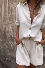 Linen Blend Solid Color Button Lapel Short Sleeve Shirt and Casual Pocket Shorts Set