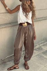 Chic Moment Glittery Fabric High Rise Elastic Wst Pocket Bubble Hem Pants