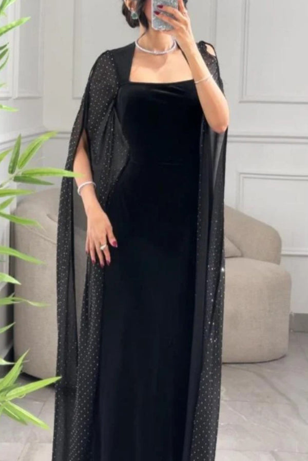 Solid Color Velvet Square Neck Slim Fit Rhinestone Maxi Dress