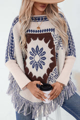 Ethnic Style Loose Long-sleeved Tassel Hem Knitted Sweater