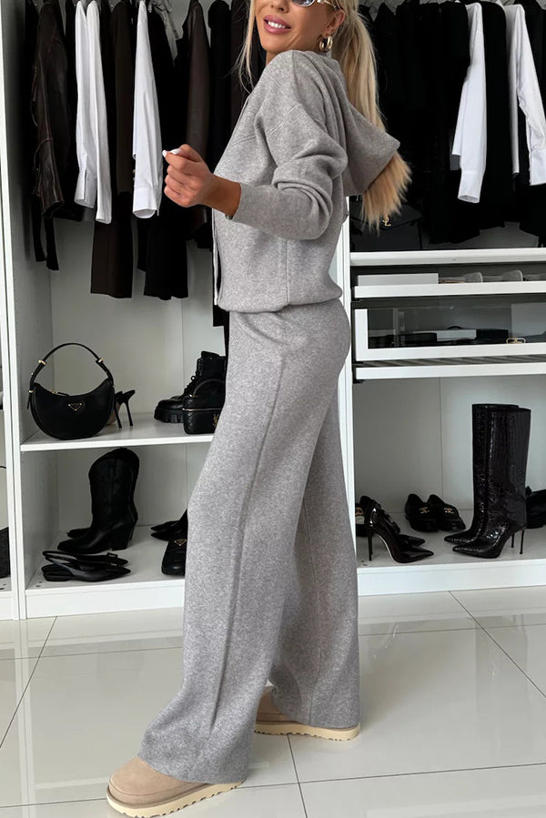 Solid Color Loose Hooded Tie Sweatshirt and Elastic Waist Casual Straight Pants Set