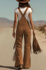 Stylish Suede Tassel Button Pocket Casual Wide-leg Overalls