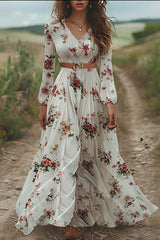 Floral Print V-neck Long Sleeve Waisted Elegant Maxi Dress