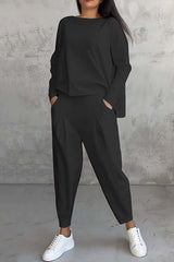 Solid Color Crew Neck Long-sleeved Irregular Loose Top and Elastic Waist Pocket Casual Pants Set