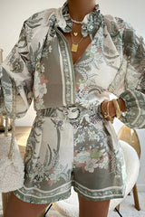 Botanical Print Palace Style Stand-up Collar Lantern Sleeve Loose Top and Casual Shorts Set