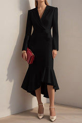 Fashion Lapel Long-sleeved Elegant Hip-wrapped Fishtail Midi Dress
