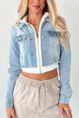 Fashionable Patchwork Hooded Casual Long-sleeved Denim Jacket