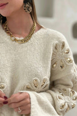 Fashionable Sequined Floral Loose Long-sleeved Knit Sweater