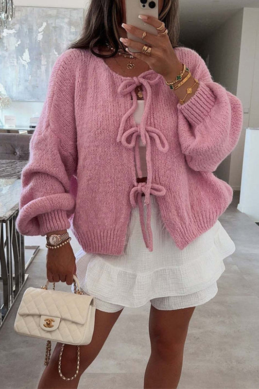 Solid Color Long-sleeved V-neck Lace-up Loose Knitted Sweater