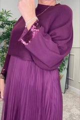 Fenna Ribbed Sequin Trim Batwing Sleeve Sweater and Pleated Tulle Stretch Tank Midi Dress Two-piece Set