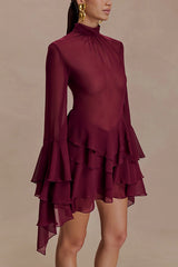 Fashionable Chiffon Long-sleeved Ruffled Slim-fit Mini Dress