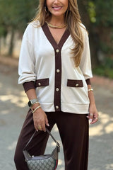 Stylish Color-blocked V-neck Knitted Button-down Cardigan and Elastic Waist Casual Wide-leg Pants Set