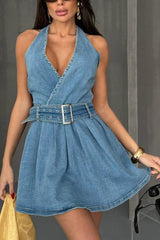 Fashionable Halterneck Open-back Belted Denim Mini Dress