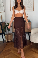 Cozy Sweet Darling Satin Lace Patchwork Mid Rise Slit Maxi Skirt