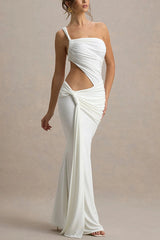 Sexy One-shoulder Backless Ribbon Pleated Slim Maxi Dress