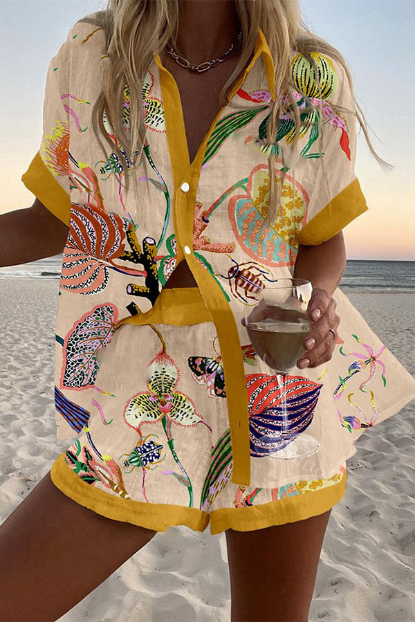 Broadleaf Print Loose Button Elastic Waist Shorts Set