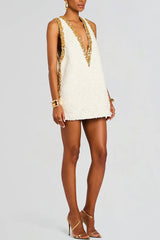 Cocktail Charm Sequin Colorblock Trim V-neck Sleeveless A-line Mini Dress