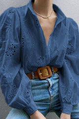 Fashion Hollow Puff Sleeve Casual Lapel Loose Shirt