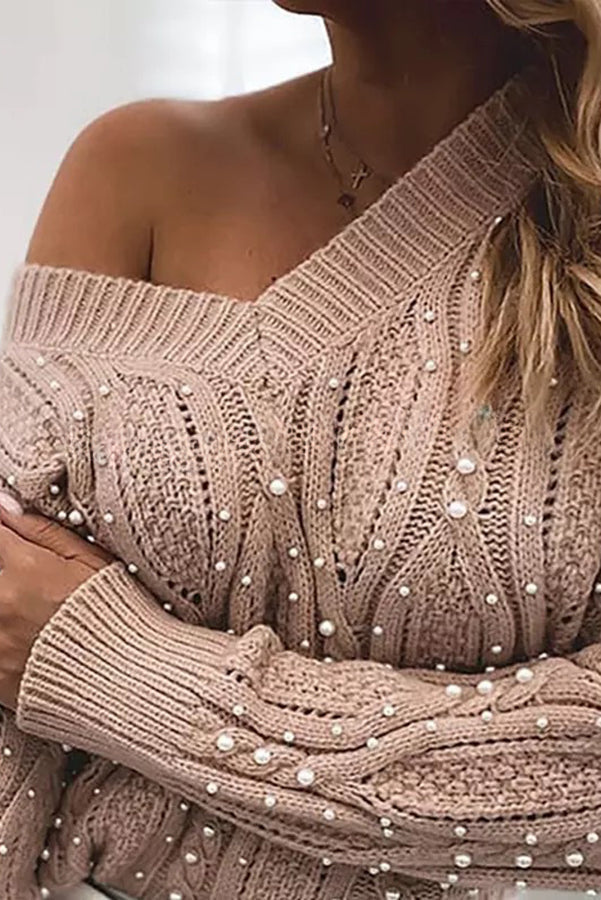 Too Elegant V Neck Pullover Beaded Long Sleeve Sweater