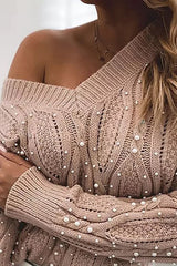 Too Elegant V Neck Pullover Beaded Long Sleeve Sweater