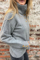 Solid Color High Collar Button Loose Long Sleeve Knitted Sweater