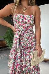 Floral Print Sexy Halter Backless Waistband Slit Maxi Dress