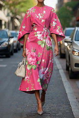 Unique Print Batwing Sleeve Waisted Casual Midi Dress