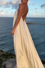 Ocean Goddess Metal Circular Chain Halter Backless Vacation A-line Maxi Dress