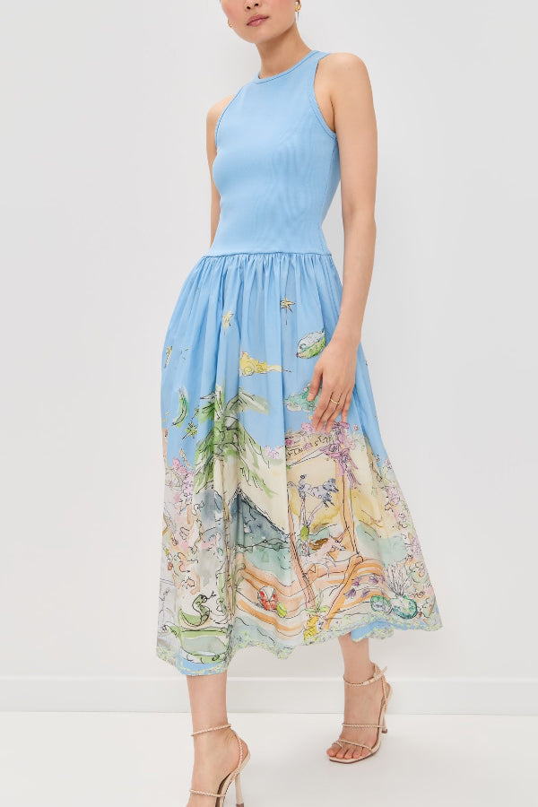 Ink Wash Print Round Neck Sleeveless Resort-style Midi Dress