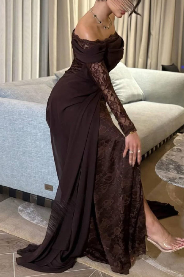 Elegant Patchwork Lace Off-shoulder Long-sleeved Slim-fit Maxi Dress