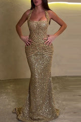 Velda Sequin Halter Square Neck Ruched Wst Back Lace-up Drape Flare Maxi Dress