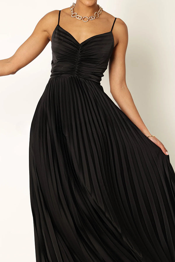 A Dreamy Escape Satin Adjustable Straps Pleated Maxi Dress