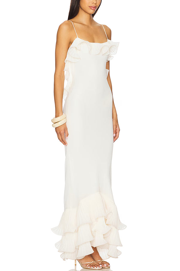 Alisin Pleated Chiffon Wavy Ruffles Trim Slip Maxi Dress