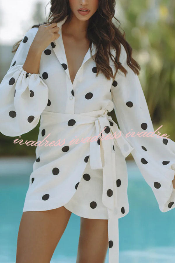 Effortlessly Linen Blend Polka Dot Balloon Sleeve Blouse and Wrap Tie-up Loose Mini Skirt Set