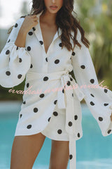 Effortlessly Linen Blend Polka Dot Balloon Sleeve Blouse and Wrap Tie-up Loose Mini Skirt Set