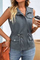 Fashionable Casual Zipper Drawstring Pocket Sleeveless Vest Jacket