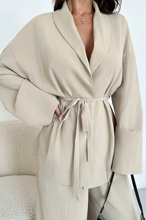 Solid Color Collared Long-sleeved Tie-wst Loose Top and Elastic Wst Casual Wide-leg Pants Set