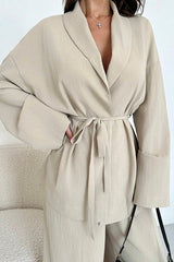 Solid Color Collared Long-sleeved Tie-wst Loose Top and Elastic Wst Casual Wide-leg Pants Set