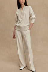 Meet The Autumn Ribbed Zipper Neck Sweatshirt and Elastic Waist Pocketed Loose Pants Set