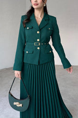 Solid Color Lapel Button Belt Blazer and Pleated Casual Maxi Skirt Set