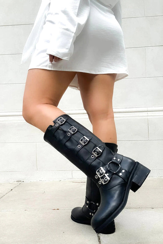 Vintage Belt Buckle Chunky Heeled Long Biker Boots