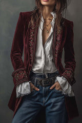 Gold Velvet Patchwork Printed Edge Long-sleeved Casual Jacket