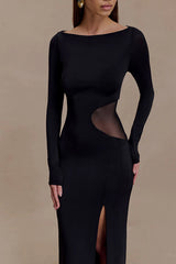 Fashion Long-sleeved Slim Sexy Hollow Slit Maxi Dress
