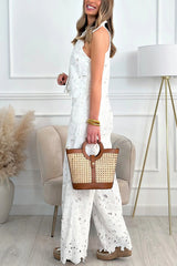 Delighted Embroidery Floral Hollow Lace Shirt-neck Vest and Wide Leg Pants Set